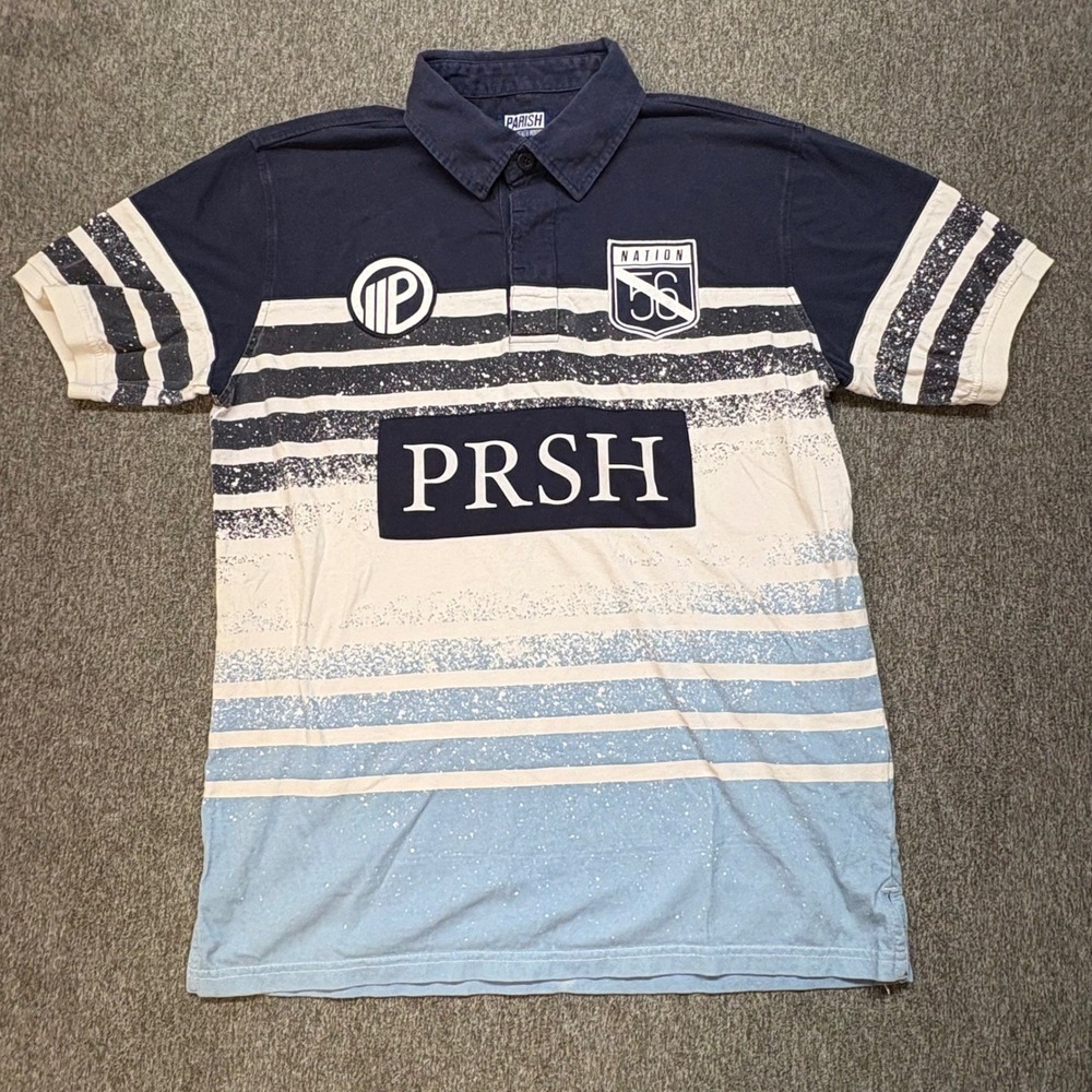 Parish Nation Mens Rugby Shirt Size L‎ Navy White Blue Stripe Graphic Logo